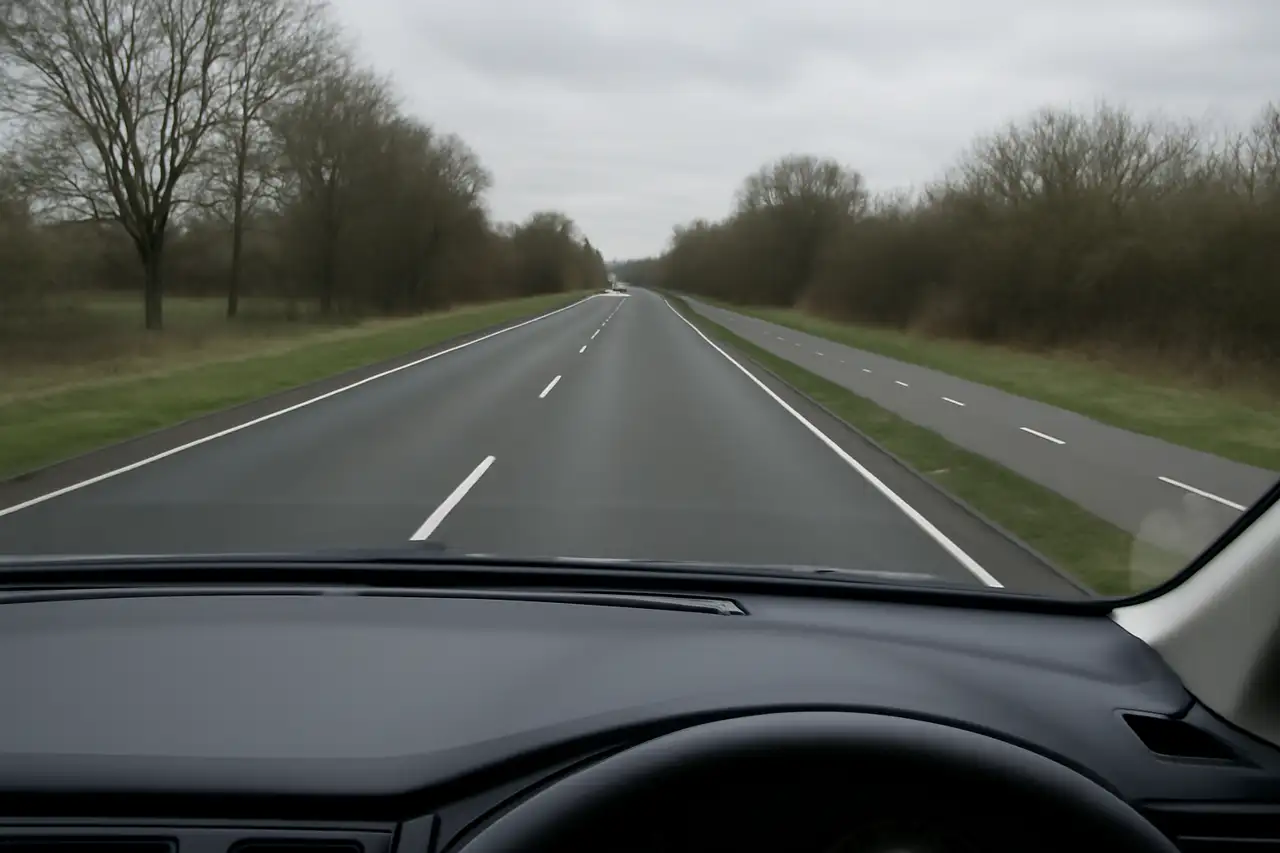 Blik door de voorruit op een lege weg met wegmarkering
